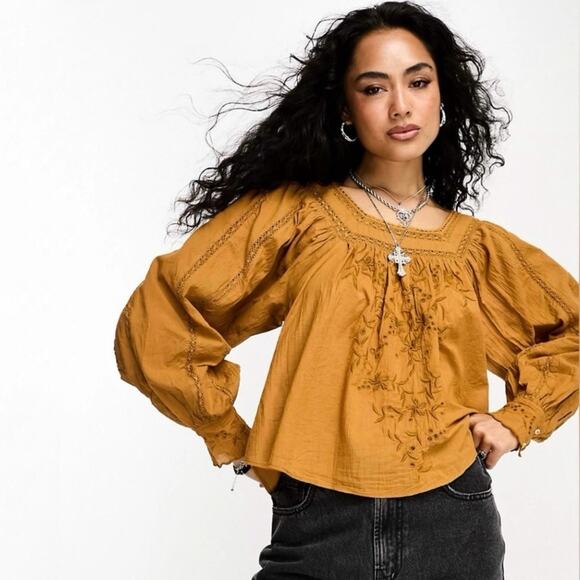 Free People Tops - NWT Free People Faraway Fields Top Mustard Embroidered Flowy Boho Casual Size S